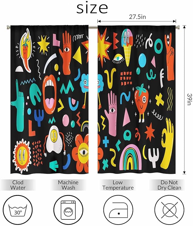 Cartoon Retro Symbol Kitchen Curtains Funny Crazy Abstract Shapes Hipster Music Modern Humor Short Tier Curtains for Bathroom Cafe Small Window Drapes Treatment 2 Panels (27.5x39 Inch)