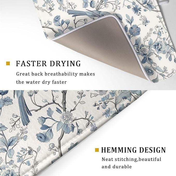 Chinoiserie Trees Dish Drying Mat for Kitchen Counter,Bule Bird Flowers Drying Mat 18 x 24 Inch with Absorbent Reversible Microfiber Drying Pad for Coffee Bar