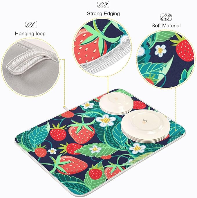 Tarity Green Leaves Red Strawberries Dish Drying Mat for Kitchen Counter Absorbent Heat Resistant Microfiber Dishes Drainer Mat 18x24 in Large Dish Pad Sink Mat Protective Pad Kitchen Decor