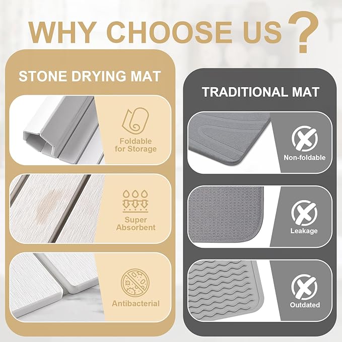 Stone Dish Drying Mat for Kitchen Counter, 23x15.3 Inch Large Fast-Absorbing Diatomaceous Earth Drying Pad, Quick Dry Foldable Stone Dish Mats for Countertop Dishes, Bottles, Cups and Utensils