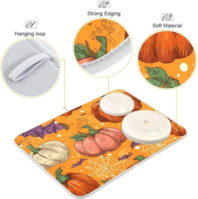 Halloween Colorful Pumpkin Pattern Dish Drying Mat for Kitchen Counter Super Absorbent Drying Mat 16x18 inch Large Dish Drying Matts for Countertop Protector Dishes Pad