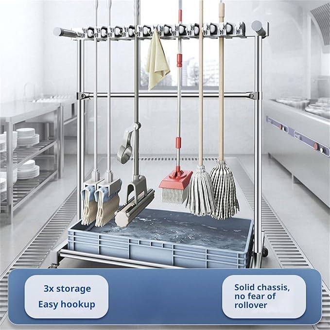2. Removable Metal Broom Rack with Hooks Corrosion-Resistant Mop for Small Spaces Home Garage Storage Cleaning Tool Rack
