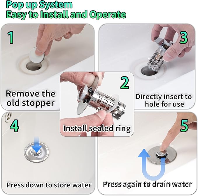 Bathroom Sink Stopper Drain Hair Catcher,3 in 1 Bathroom Sink Drain Strainer with Anti-Clogging Filter Basket,Sink Stopper Bathroom Drain for 1.06"~1.61" Drain Hole 2 PCS(Silver Chrome)