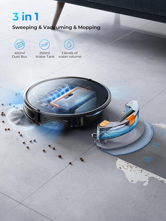Robot Vacuum and Mop - 4500Pa Powerful Suction Robot Vacuum, 3 in 1 Robot Vacuum Cleaner with Auto Carpet Boost, Self-Charging, App/Remote/Voice for Pet Hair, Carpet, Hard Floor