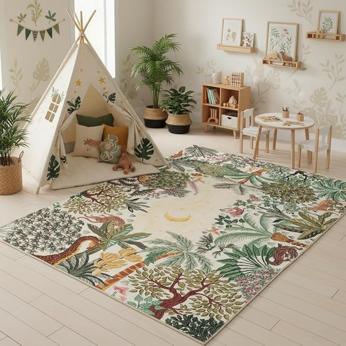 GarveeHome 4x6 Washable Nursery Rug for Kids, Jungle Animal Soft Bedroom Rug Non Slip Low Pile Small Cute Carpet Stain Resistant Throw Rug for Bedside Playroom Office Dining Room