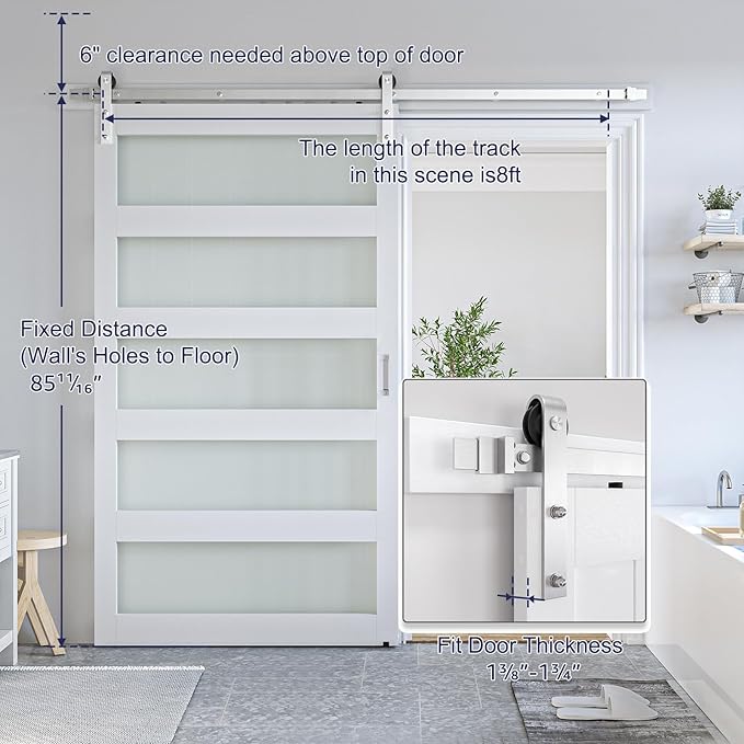 SmartStandard 48 x 84 inch Glass Barn Door with 8FT Brushed Nickel Sliding Hardware Kit & Handle, Pre-Drilled Ready to Assemble, Waterproof PVC Coating, White, 5-Panel Glass