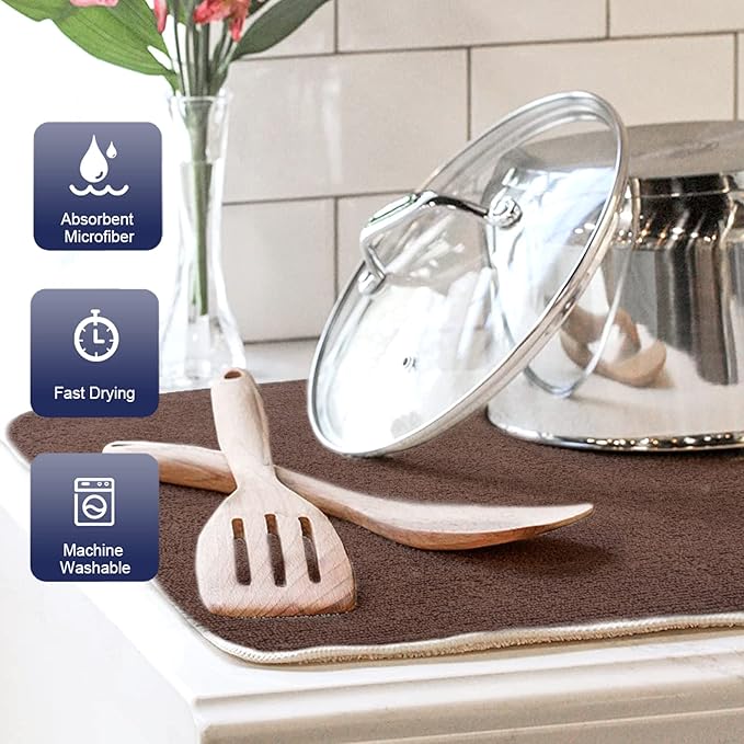 SINLAND Microfiber Dish Drying Mat Super Absorbent Dish Drying Pad for Kitchen Counter, Mat for Countertops or Sinks 16Inch X 18Inch Brown 2 Pack