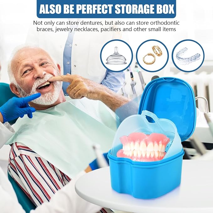 2 Pack Denture Bath Case Cup Box Holder Storage Container with Denture Cleaner Brush Strainer Basket for Travel Cleaning (White and Light Blue)