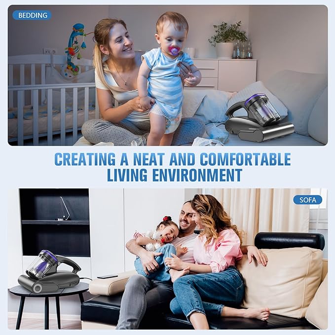 Bed Vacuum Cleaner Mattress Vacuum Cleaner,16Kpa Powerful Handheld Vacuums with UV-C Light & Double Dust Cup & High Heating & Ultrasonic & Anion for Bed Sofa(Black)