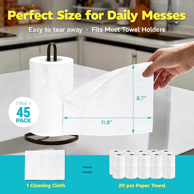 45 Pack Plant-Based Reusable Cleaning Cloth Rolls, Household Hand Wipes, Ultra Absorbent, Scratch Free, Lint Free, Washable Paper Towels for Home, Cleaning Supplies, 8.6" x 11.8" (2 Rolls)