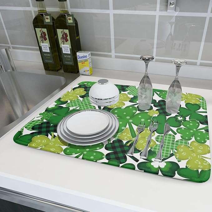 Khope St Patrick's Day Dish Drying Mat for Kitchen Counter 18x24 Inch Green Shamrock Reusable Washable Lucky Clover Plaid Drying Pad Countertop Home Decor