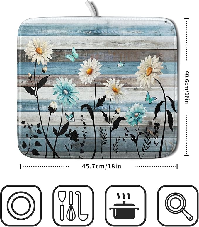 Blue White Daisy Floral Dish Drying Mat for Kitchen Counter,Sprinng Rustic Wood Drying Mat 16 x18 Inch with Absorbent Reversible Microfiber Drying Pad for Coffee Bar