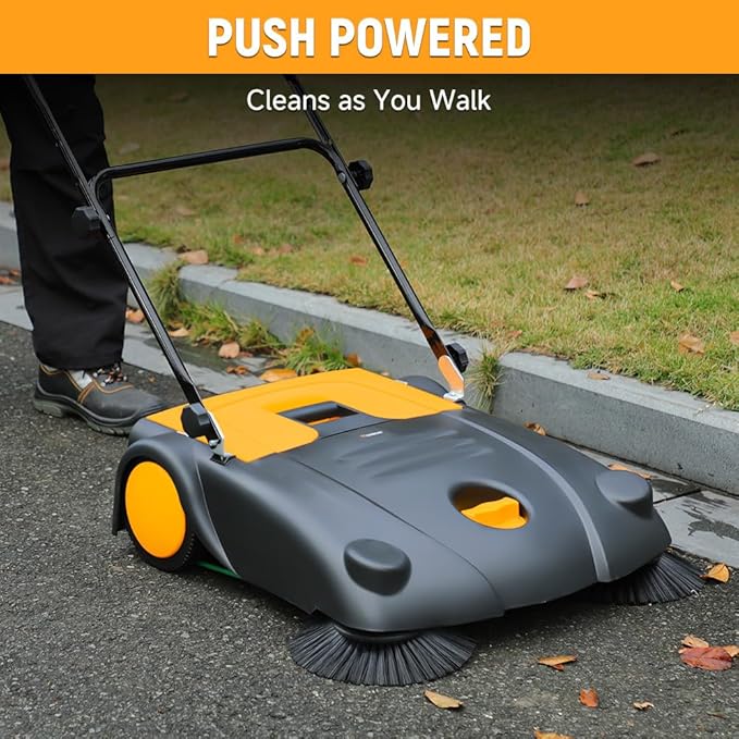 Hoteche 28-Inch Walk Behind Outdoor Manual Push Floor Sweeper, 4-Gallon Capacity, 30200 ft²/h Sweeping Efficiency, Lightweight Non-Electric Sweeper for Driveways, Patios, and Warehouses
