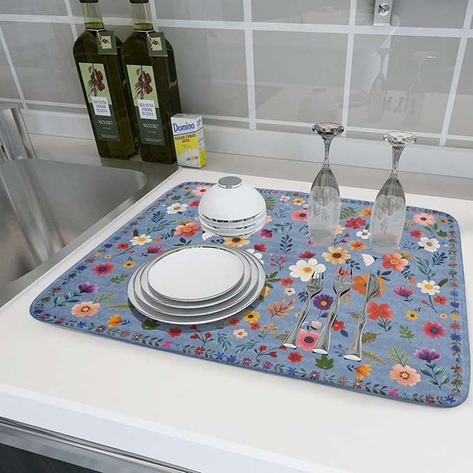 Colorful Flower Dish Drying Mat - Blue Large Floral Coffee Mat for Kitchen Counter Decor 18 X 24