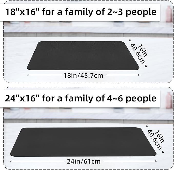 LOPNUR Kitchen Dish Drying Mat, 24"x16" Large Dish Drying Mats for Kitchen Counter, Super Absorbent Dish Drying Pad, Diatomite Coffee Mat Heat Resistant Mat with Anti-slip Rubber Backed, Black