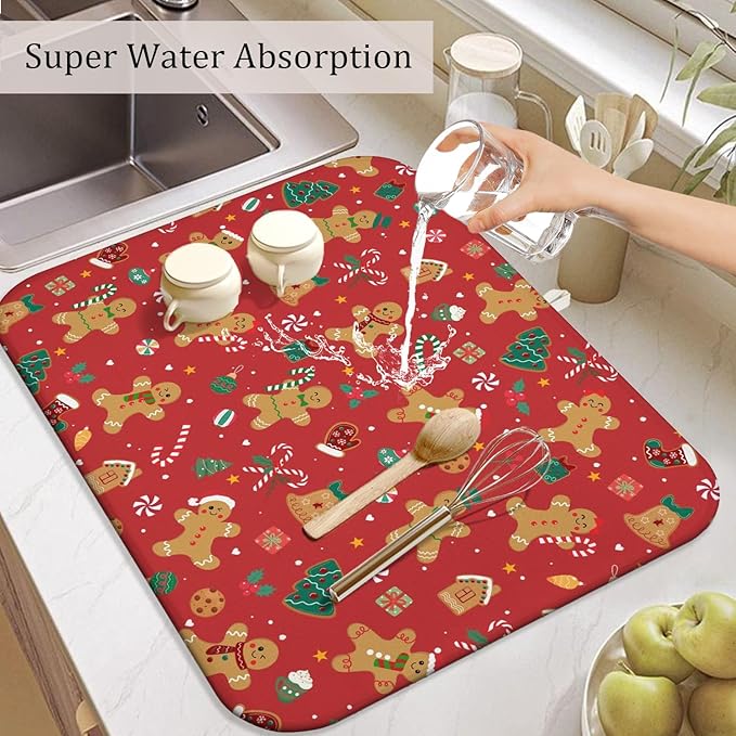 Christmas Kitchen Countertop Dish Drying Mat, Red Christmas Gingerbread Man Snowflake Pattern Microfiber Kitchen Drying Mat, Washable Absorbent Countertop Xmas Winter Holiday Dish Mat Drainer,18x24 In