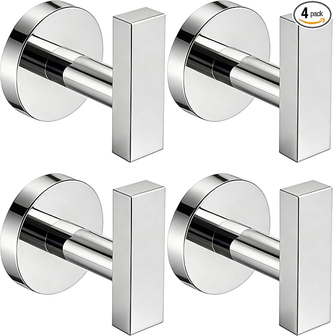Nolimas Towel Hooks for Bathrooms, Chrome Polished Towel Hook for Kitchen Bathroom, SUS304 Stainless Steel Coat Hook, Heavy Duty Robe Hooks for Hanging Towels, Coats, sponges, Wall Mount, 4 Pack