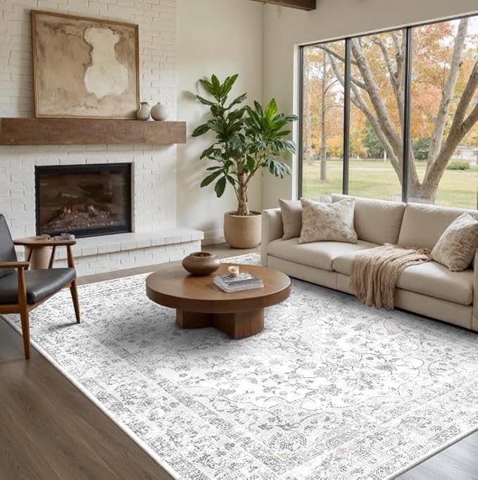 Area Rugs 5x7, Washable Grey Rugs for Living Room, Bedroom, Non Slip, Neutral Floral Vintage Indoor Rug for Farmhouse Nursery, Dining Room, Kid Room, Office, Dorm