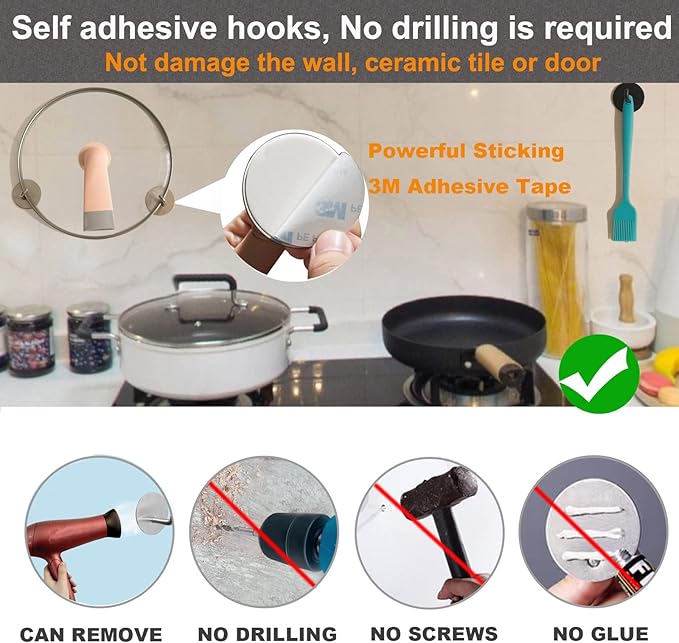 Silver Adhesive Hooks for Wall No Damage Heavy-Duty 15lb(Max) 8 Packs, Sticky Hangers for Hanging, Stainless Steel, Removable, Waterproof, Oilproof and Rustproof for Bathroom Kitchen Home