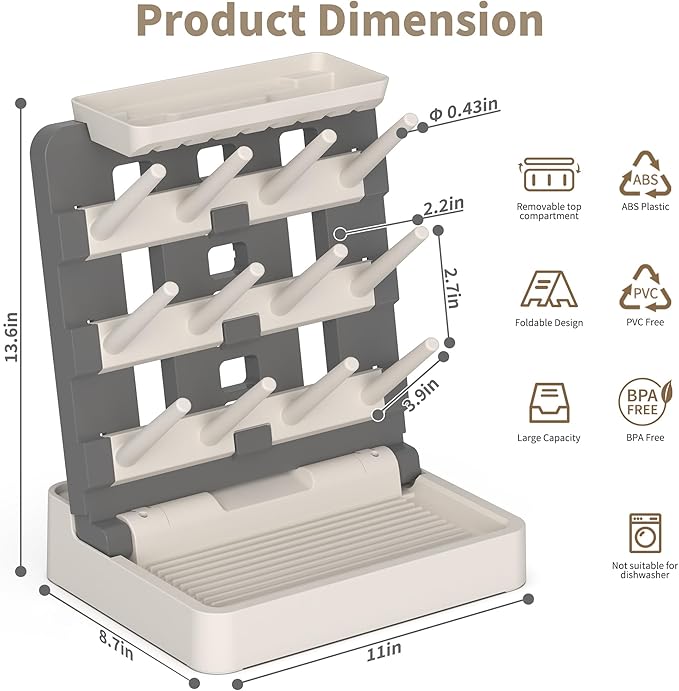 Baby Bottle Drying Rack, Vertical Standing Bottle Dryer Rack Holder-Space Saving Baby Bottle Drying Rack for Countertop-Holds Up to 12 Baby Bottles & Cup(Gray & Khaki)