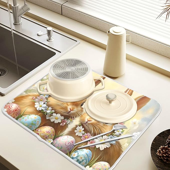 Cute Rabbit Bunny Easter Eggs Dish Drying Mat for Kitchen Counter Absorbent Microfiber Small Drying Pad Dish mats for Kitchen Countertops 16 x 18 Inch