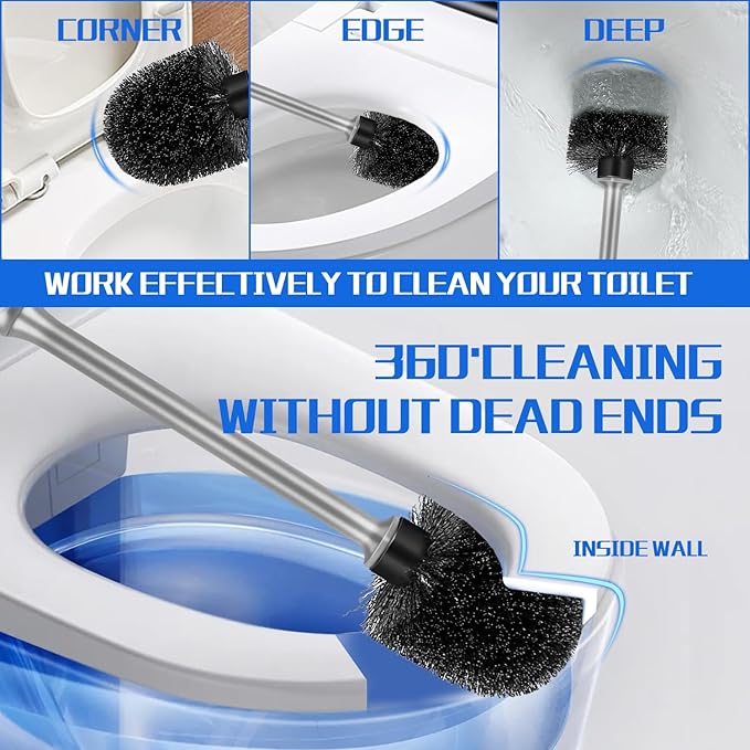 Toilet Brush and Holder 2 Pack with Long Handle - Non-Slip Grip Toilet Bowl Brush Set for Deep Cleaning Bathroom, Toilet Scrubber- Gray