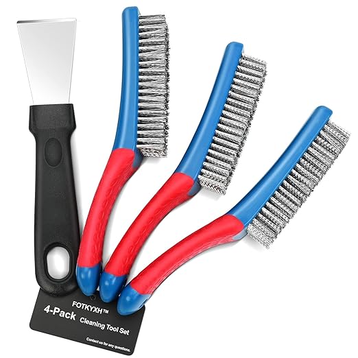 4-Pack Heavy Duty Wire Brush and Scraper Set, 3 Stainless Steel Scratch Brushes & 1 Metal Scraper for Aggressive Cleaning, Rust, Paint Removal, Grill, Kitchen, Auto, DIY with Non-Slip Handle