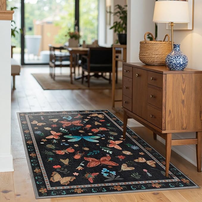 3x5 Rug for Entryway Bedroom, Black 3x5 Washable Area Rug, Floral Vintage Retro Boho Throw Rug, Non Slip & Low Pile Small Carpet for Indoor Kitchen, Bedside, Living Room, Bathroom and Dining
