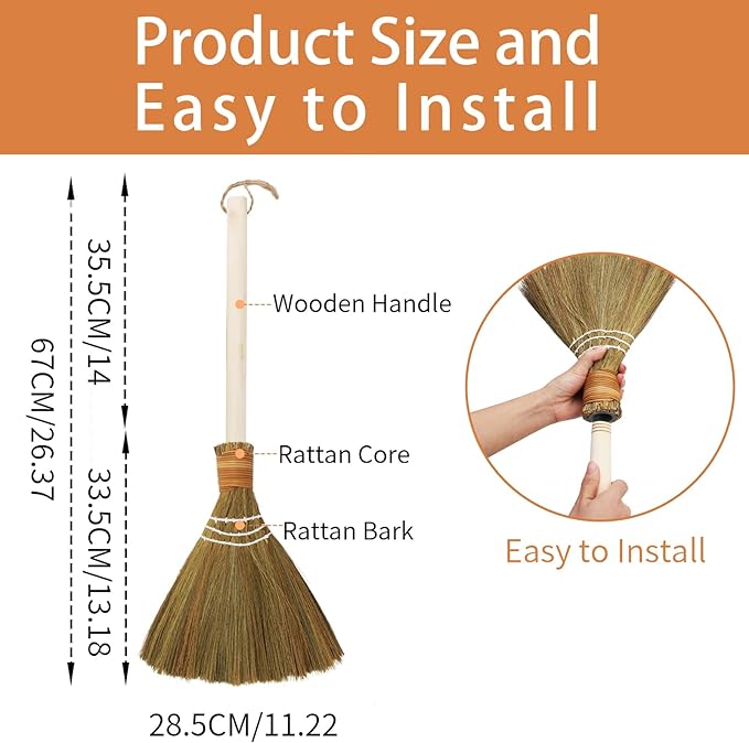 Asian Small Broom, Natural Hand Short Brooms with Wood Handle for Sweeping Indoor Home and Yard