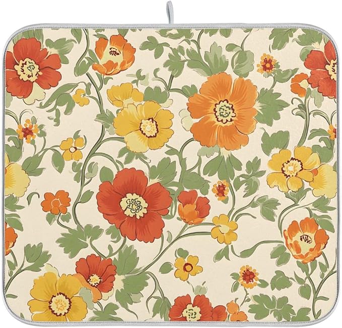 Retro Yellow Orange Flowers Dish Drying Mat for Kitchen Counter Absorbent Microfiber Drying Pad, Medium 16x18 in, Reversible Drainer Mats