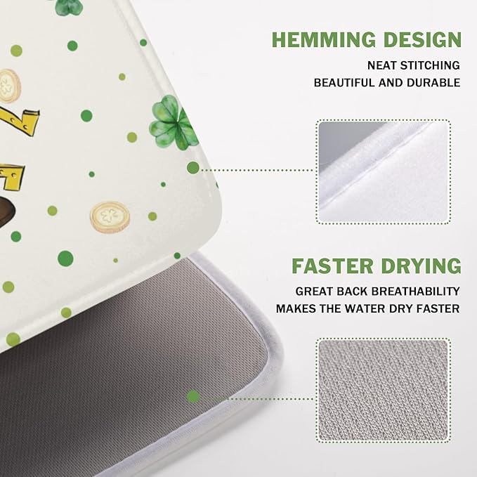 St Patrick's Day Gnome Dish Drying Mat for Kitchen Counter,Inch Lucky Shamrock Gold Coin Drying Mat 16 x 18 Inch with Absorbent Reversible Microfiber Dish Drying Pad for Coffee Bar