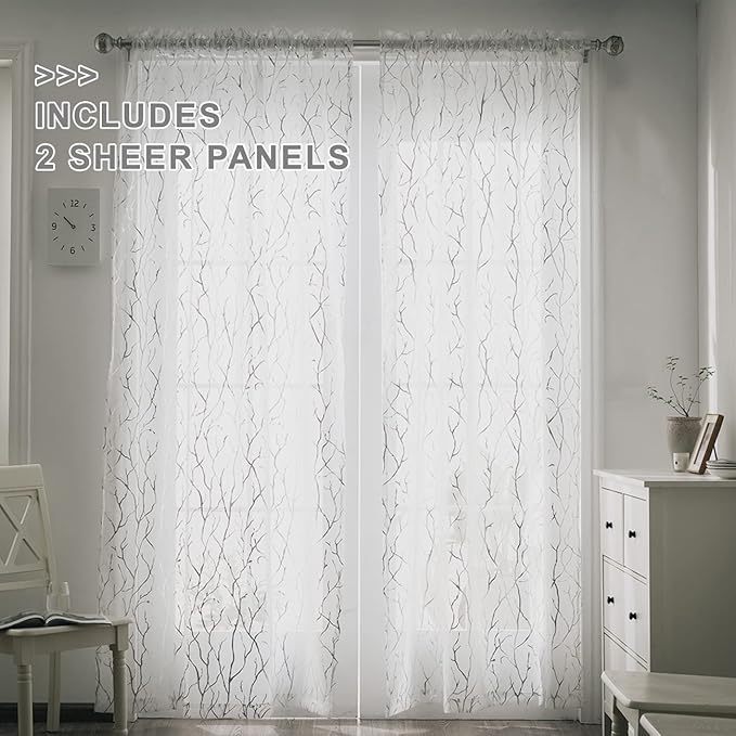 FINECITY Sheer White Curtains 96 Inches Long - Silver Tree Branch Print Sheer Curtains for Living Room Rod Pocket Tree Pattern Sheer Window Curtains 2 Panels, 52 x 96 Inch, 1 Pair, Silver and White