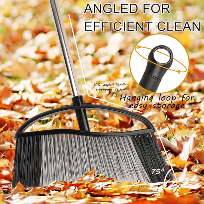 Heavy Duty Outdoor Broom - 15.7" Wide Broom with Long Adjustable Handle & Stiff Bristles for Patio, Garage, Yard, Garden (Black)