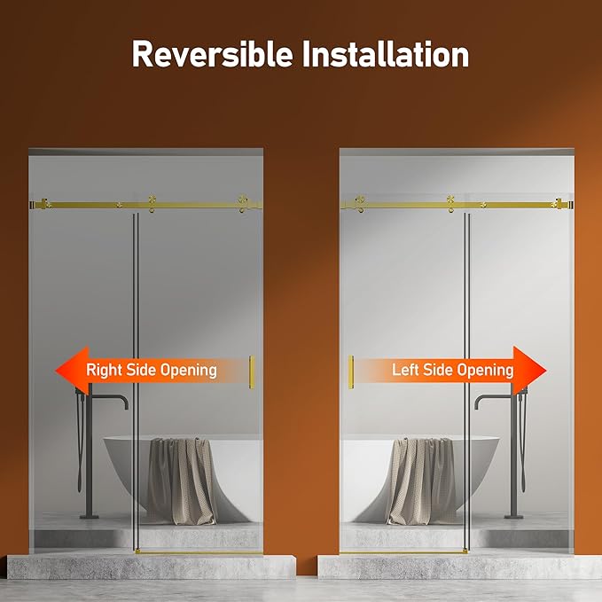 46-48 Inch Frameless Sliding Shower Door, 76" Height, 5/16" (8mm) Clear Tempered Glass, Smooth Gliding Track & Anti-Jumping System, Stainless Steel Brushed Gold Finish