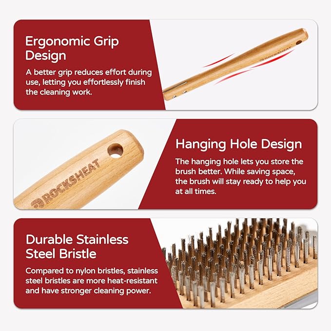 Pizza Oven Brush, 16.9 Inch Grill Cleaning Brush with Scraper, Stainless Steel Bristles with Beech Wood Handle, 2 in 1 Pizza Stones Brush, Ourdoor Pizza Oven Accessories, Heat Resistant
