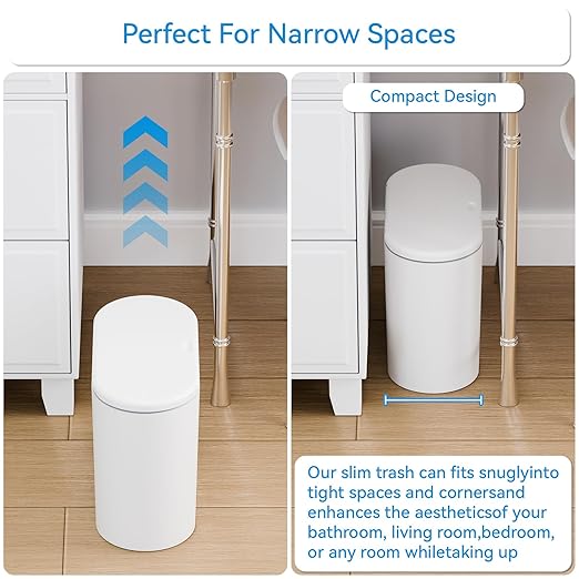 White 12 Liter Rectangular Plastic Small Garbage Can With Lid,2 Pack 3.17 Gallon Slim Bathroom Trash Can with Lid and Dog Proof Garbage Can and Wastebasket,Lidded Trashcan for Bedroom,Rv,Dorm,Office