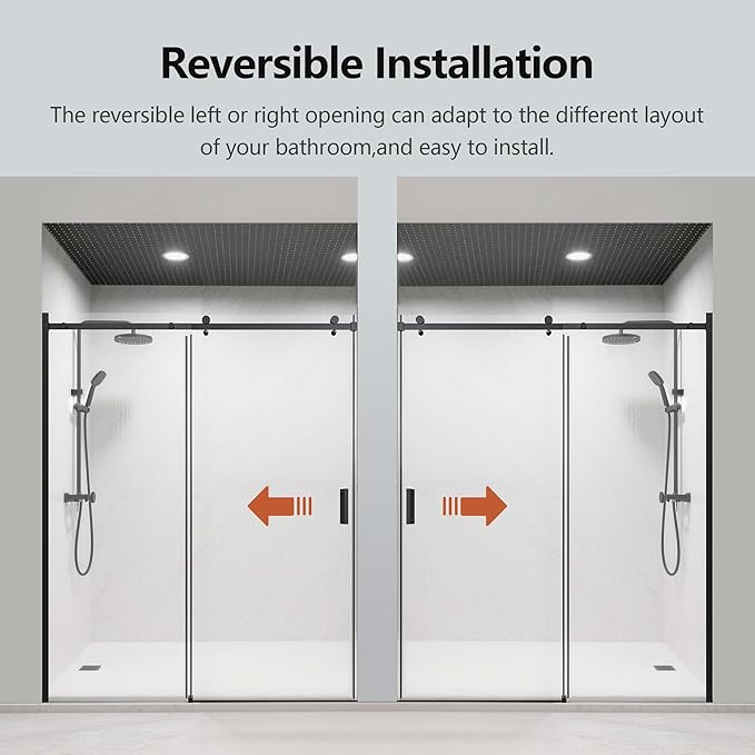 56-60" W x 74" H Frameless Shower Doors, Bathroom Single Sliding Shower Glass Doors with 5/16" (8mm) Clear SGCC Tempered Glass and Stainless Steel Handle, Reversible Installation, Matte Black