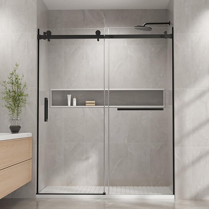 Venice Frameless Shower Door 60 in W x 74 in H,5/16"(8mm) Clear Tempered Glass Door, Bathroom Shower Door with 18 inch Pull Handle, Stainless Steel Hardware Black
