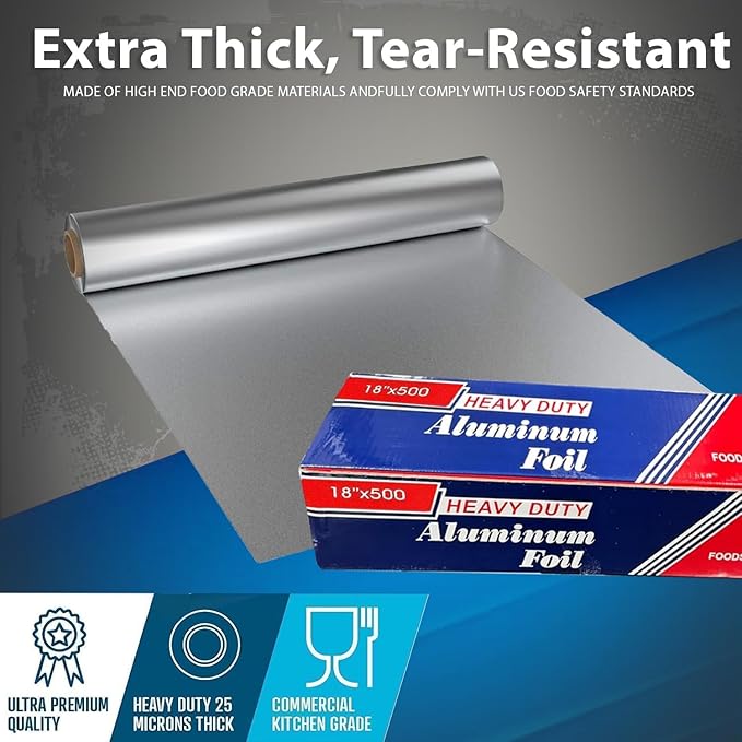 18" x 500" (4 Pack) Standard Aluminum Foil Roll - Food Service Heavy Duty Aluminum Foil Roll - Commercial Grade Disposable Foil for Food Service Industry and Home Use