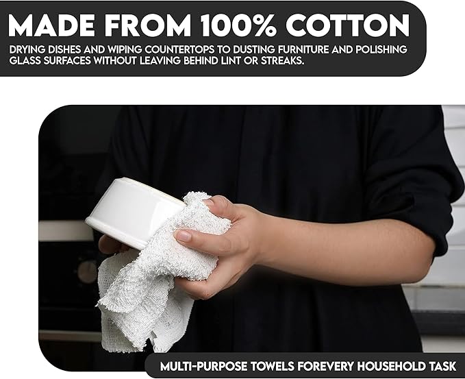 Terry Bar Mop Towels - 60 Pack (14"x17") White Cotton Terry Cloths, Super Absorbent Cleaning Rags, Reusable Bar Mop Towels for Kitchen, Garage, Salon, Spa & Commercial Use