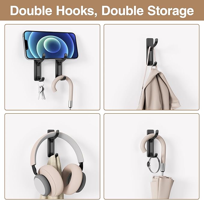 niffgaff Wall Hooks for Coat and Towel: 13lb Adhesive Door Hanger Stick On, Sticky Hook for Wall, Closet, Bathroom - Black, 6 Pack