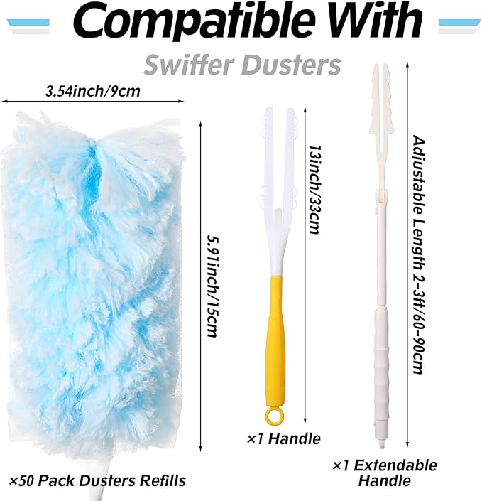 52 PCS Disposable Duster Refills, Heavy Duty Duster Refills Kit with 2 Handles - 360 Degree Electrostatic Cleaning System for Furniture Blinds Electronics