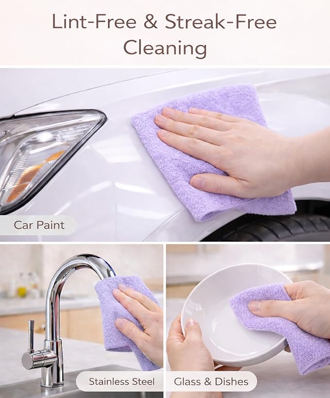 Microfiber Cleaning Cloth Roll - 100 Pack Tear Away Microfiber Paper Towels, Reusable, Washable, Scratch-Free, Kitchen Towels for Car, Home, Kitchen, Glass, Dishes (Light Purple)