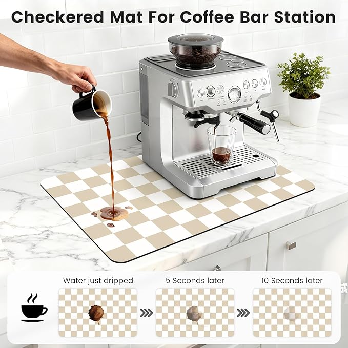 16" x 24" Checkered Dish Drying Mat for Kitchen Counter, Absorbent Coffee Bar Mat for Espresso Machine Coffee Countertops Accessories (Khaki)