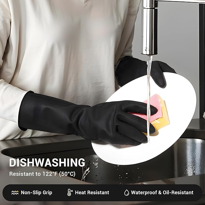 ThxToms 3 Pairs Dishwashing Gloves, Reusable Latex Cleaning Gloves for Housework Kitchen Bathroom, Durable Flexible & Anti-slip, Smooth Lining, Easy On & Off, Small, Black