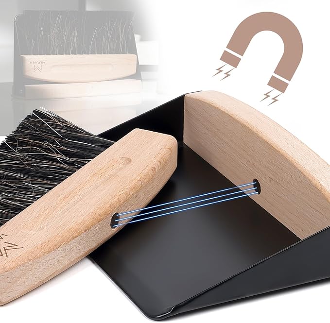 Coffee Dust Pan and Brush Set - Mini Hand Broom and Dustpan Set, Magnetic Natural Horsehair Espresso Brush, FAS Birch Wood Barista Tools for Tamping Station & Coffee Bar Countertop, Black