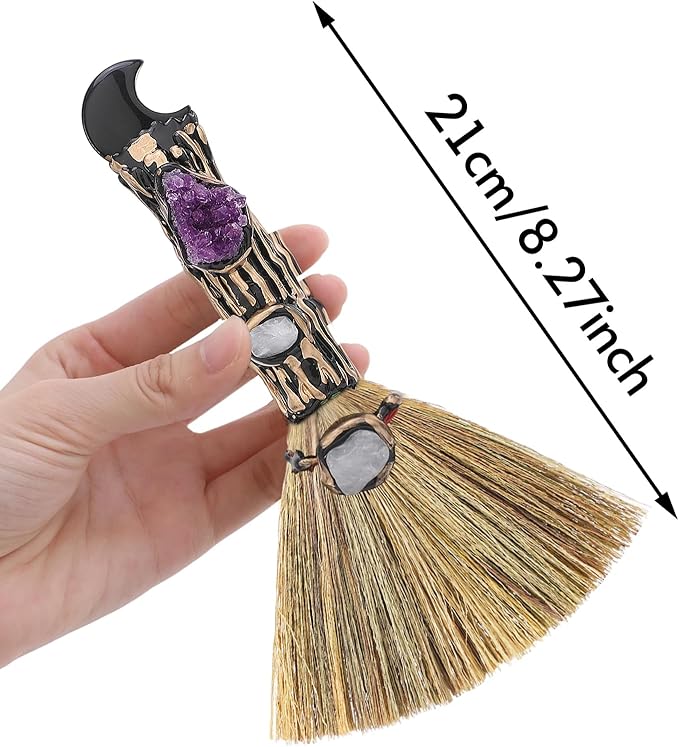 Witch Crystal Altar Broom - Witchcraft Supplies Wiccan Decor Altar Supplies with Moon Black Obsidian Natural Healing Crystals Reiki Energy Emotional Regulation Wealth Attraction Crafts