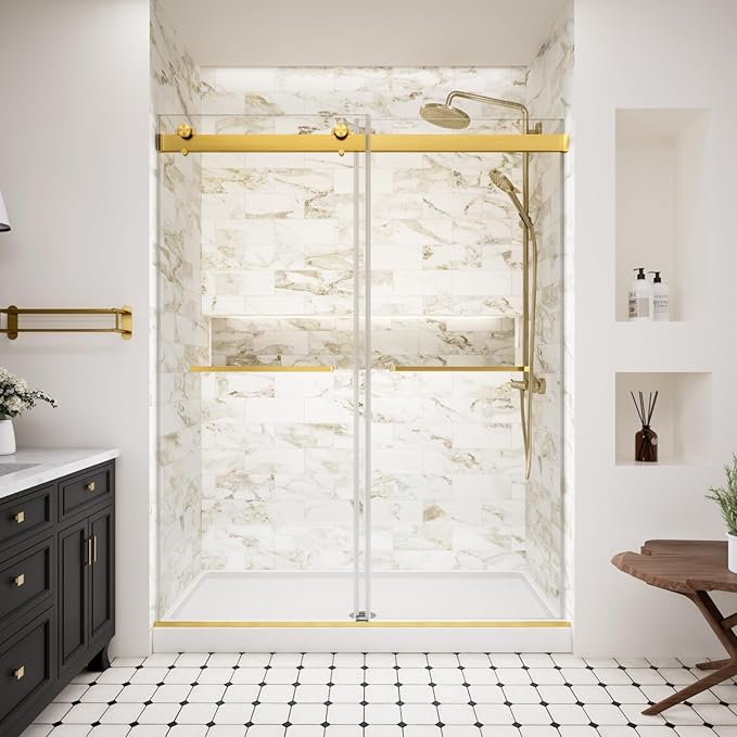 Frameless Shower Door,56-60" W x 74" H Double Sliding Shower Doors with Soft Close System,5/16" (8mm) SGCC Tempered Clear Glass Shower Door,Explosion-Proof Film Nano Coating,Brushed Gold