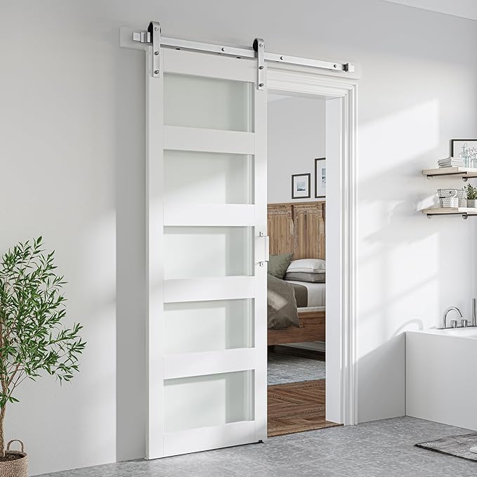 SmartStandard 32 x 84 inch Glass Barn Door with 6FT Brushed Nickel Sliding Hardware Kit & Handle, Pre-Drilled Ready to Assemble, Waterproof PVC Coating, White, 5-Panel Glass