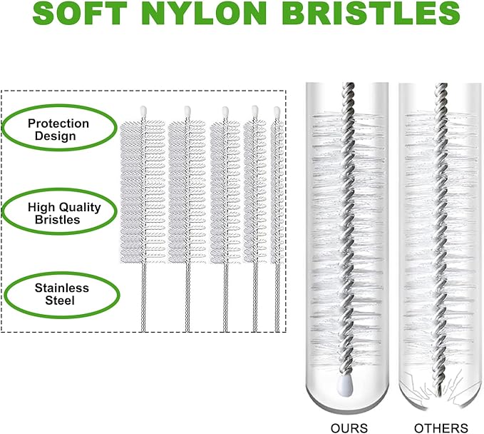 Straw Cleaner Brush Long 10 inch, 10-PCS Straw Brush of Bristles Diameter (5+8+12+16+20mm) for Cleaning Reusable Straws, Sippy Cup, Water Bottles, Tumblers, Tubes Clear Color